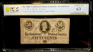 T-72 1864 Confederate States 50c Civil War Obsolete Banknote Currency PCGS CU 63 - Picture 1 of 4