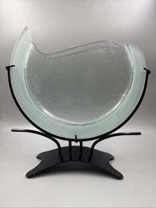 Mark Hines Clear & Frosted Glass Flat Circle Vase Metal Stand 11.5 MCM Art Decor - Picture 1 of 11