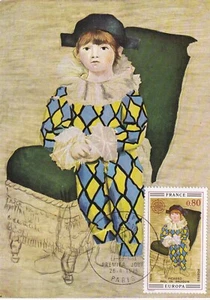 AK Ansichtskarte Postkarte 1. Tag Tag Briefmarke 1975 Maler Picasso Paul in Harlekin - Bild 1 von 1