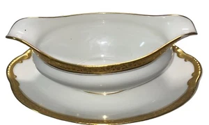 Vignaud Gravy Boat Gilt “Daisy” Garland Under-plate Limoges France *FLAWS* - Picture 1 of 12