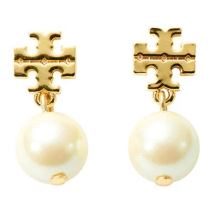 Tory, Gold Tone Logo Drop Pearl Earrings - Picture 1 of 6