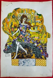 Gustav Klimt (Handmade) Mixed Media On Paper Painting Signed and Stamped - Picture 1 of 3
