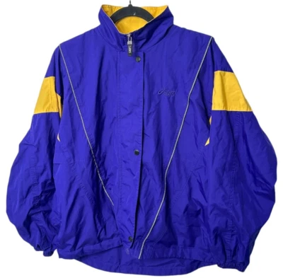 VTG 90s 80s Asics Windbreaker Jacket M Womens Blue Purple Yellow Zip Mock Laker - Изображение 1 из 4