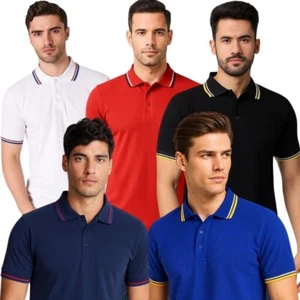 Mens Tipping  Polo Shirt Short Sleeve Plain Casual Work Wear Pique  Top T-Shirt - Picture 1 of 29