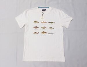 Barbour T-Shirt Mens Size Medium White Short Sleeve Fish Graphic 100% Cotton