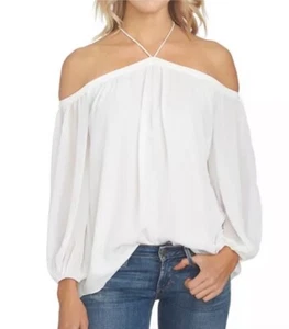 1. State Off White Long-Sleeve Cold-Shoulder Chiffon Blouse Womens Top Small NEW - Picture 1 of 7