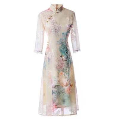 Chinese Traditional Cheongsam Women Chiffon Dress Midi Ball Qipao Size M to 3XL - Image 1 of 4