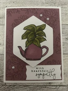 Card Set Of 4 Stampin Up Flower Pot Green Leaves Handmade Colored Sympathy - Picture 1 of 3