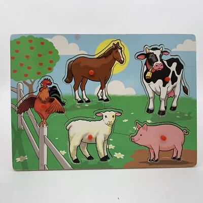Children’s Easy grip wood peg puzzle barnyard Animals  puzzle five piece - Image 1 of 2