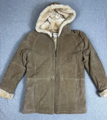 Penny Lane Coat Jacket Womens Medium Brown Washable Suede Hooded Faux Shearling - Image 1 of 4