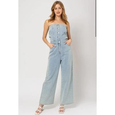 Nuevo con etiquetas Mono de mezclilla Gilli para mujer sin tirantes con botones delantero pierna ancha talla L Foto 1 de 4