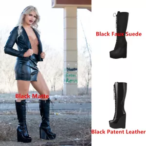 Botas de caballero góticas para mujer Onlymaker punk con cordones plataforma tacón de cuña hasta la rodilla - Imagen 1 de 31