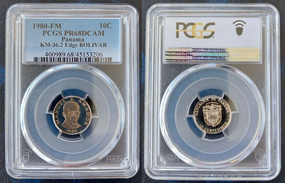 ПАНАМА 10 CENTESIMOS ДОКАЗАТЕЛЬСТВО МОНЕТА 1980 ГОДА KM #36.2 AMADOR PCGS PR68 КРАЯ БОЛИВАР - Изображение 1 из 1