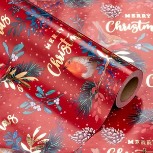 Christmas Wrapping Paper - Mini Roll - 17 Inch x 33 Feet - Foil Red Bird and ... - Picture 1 of 7