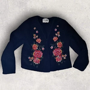 Savanna Jane Cardigan Womens Small Sherpa Embroidered Floral Top Black Soft - Picture 1 of 12
