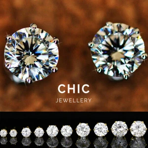 18K WHITE GOLD GF SIMULATED DIAMOND MENS WOMENS KIDS SILVER ROUND STUD EARRINGS - Picture 1 of 4