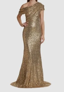 $890 Badgley Mischka Womens Gold Asymmetric Draped Sequin Gown Dress Size 8 - Picture 1 of 3