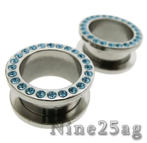 PAIR OF CUSTOM 00g 10MM BLUE ZIRCON GEM FLESH TUNNELS EARLET PLUGS - Picture 1 of 2