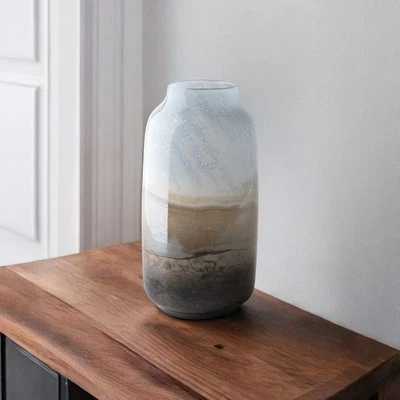 Jarrón de mesa de cristal cilíndrico abstracto azul y beige de 15" Foto 1 de 4