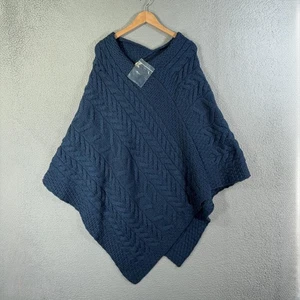 Kilronan Knitwear Poncho Women XL / XXL Blue Merino Wool Aran Cable Made Ireland - Picture 1 of 10