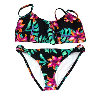 Traje de baño Reef negro brillante floral de 2 piezas para mujer pequeño con volantes Foto 1 de 4