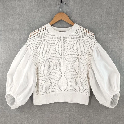 AllSaints Sol Mixed Media Lace Top Women Medium White Organic Cotton Pullover - Image 1 of 4