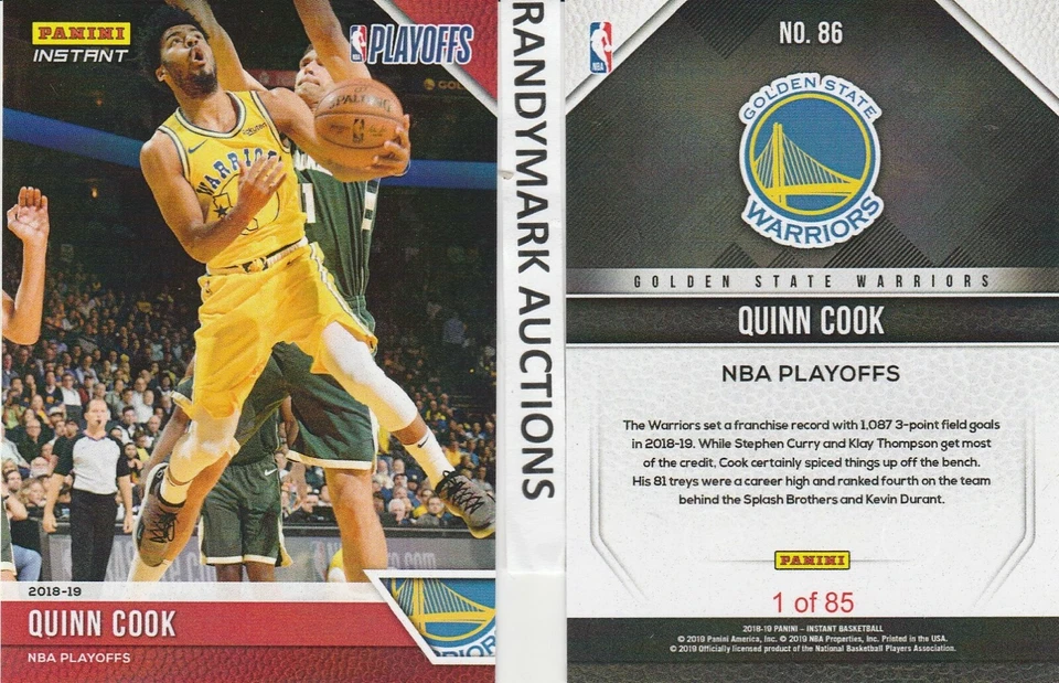 Quinn Cook GOLDEN STATE WARRIORS PANINI INSTANT 2018-19 NBA PLAYOFFS #86 x/85 SP - Image 1 of 1
