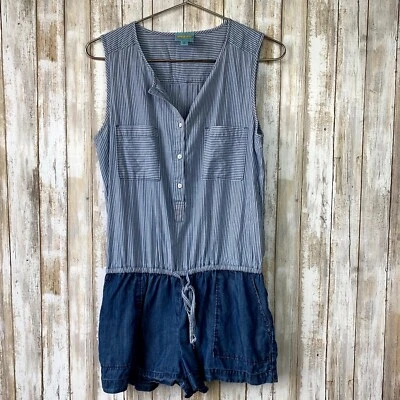 C&C California Mixed Chambray Romper Blue White Striped S Small Anthropologie - Image 1 of 4