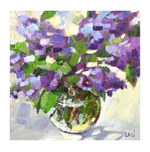Lilas Original Oil Painting Canvas Panel 6"x6" Purple Flowers Still Life - Picture 1 of 6