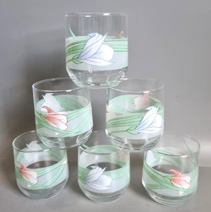 Vintage Luminarc Polluy Small Water GlassesTumblers x6 Floral Iris Pattern 7.5cm - Picture 1 of 7