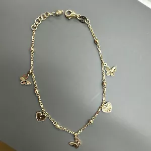 18k Yellow Gold Diamond Cut ❤️ N Butterfly Charm Bracelet Adj 6.5” To 7 “ - Picture 1 of 6
