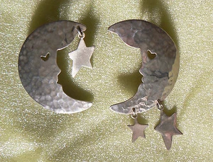 HANDMADE SILVER MOON AND STARS EARRINGS - 100% PROCEEDS TO ANIMAL SHELTER - Picture 1 of 4