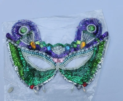 Mardi Gras Mask Sew on Applique Sequin Purple Green Rhinestones VTG NOS costume  - Image 1 of 4