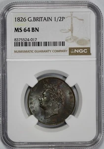 1826 Great Britain 1/2P Half Penny NGC MS 64 BN - Picture 1 of 4