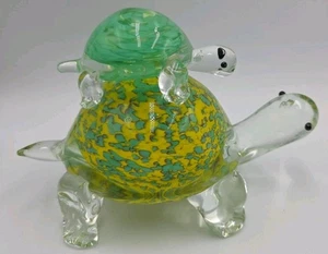 Lenox Art Glass Figurine Turtle w/ Turtle On Its Back Green & Yellow EUC - Picture 1 of 6