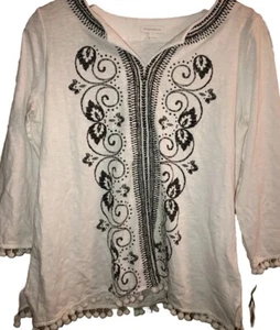 Charter Club L NWT Linen Blend Embroidered Pom-Pom Trim Top White Black 🧡 - Picture 1 of 7