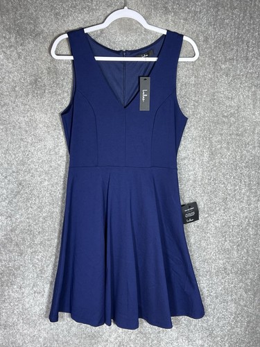 Abito donna Lulus Bon Appetit taglia large blu ponte maglia elasticizzato senza maniche nuovo con etichetta