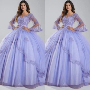 Lavender Quinceanera Dresses Long Sleeves Lace Sweet 16 Party Prom Ball Gown - Picture 1 of 9