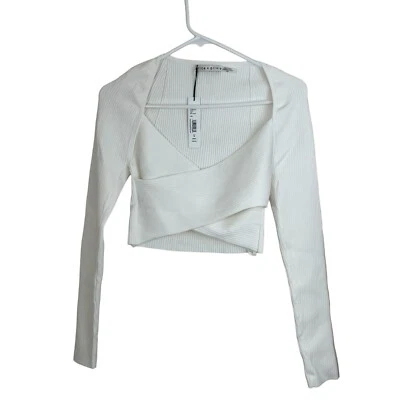 Suéter corto Alice Olivia para mujer talla mediana Stacey doblado mangas largas blanco suave Foto 1 de 4