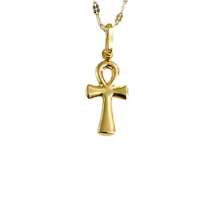 14K Solid Real Gold Egyptian Ankh Cross Pendant Necklace-16" Mirror Chain- PT138 - Picture 1 of 9