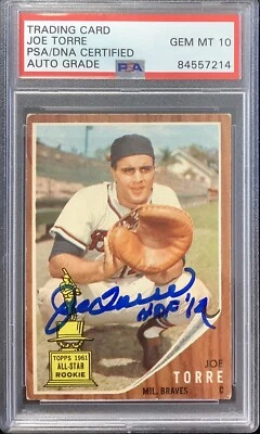 Joe Torre Signed 1962 Topps #218 Rookie Card RC Braves Auto PSA/DNA Gem MT 10 - Image 1 of 2