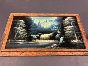 Vtg 80s Velvet Painting Blue/White Landscape Waterfall 22.5”X13 MCM Wood Framed - Picture 1 of 11