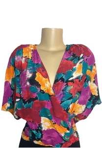 Vintage 80s Carol Little Colorful Floral Cropped Blouse - Picture 1 of 8