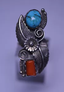 SIGNED NATIVE AMERICAN NAVAJO STERLING SILVER CORAL TURQUOISE RING JERRY COWBOY - Picture 1 of 4