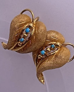 Pendientes antiguos de oro amarillo de 18 quilates fabulosos con forma de hoja turquesa atornillada. - Imagen 1 de 17