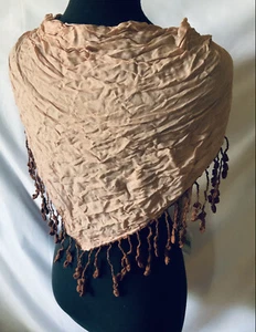 Lightweight Crinkled Cappuccino And Brown Triangle Scarf Crochet Edge MSRP $28 - Picture 1 of 5