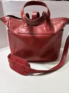 Genuine Vintage Leather Vibrant Red Crossbody Shoulder Double Handle Tote Purse - Picture 1 of 24