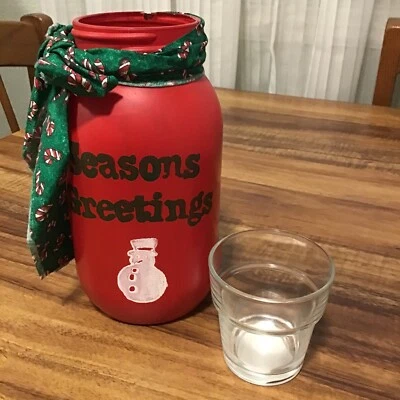 GARRAFA DE PEDREIRO DECORAÇÃO DE NATAL COM SUPORTE DE VELA. SNOWMAN, BOW SEASONS GREETINGS 7” - Imagem 1 de 4