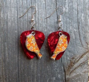 Orange Bird Charm Guitar Pick Earrings with Surgical Steel Earwires - Picture 1 of 24