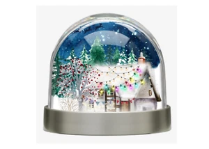 Christmas Snow Globe Snow Starry Night, Trees, House & Warm Glow Hanging Lights - Picture 1 of 2